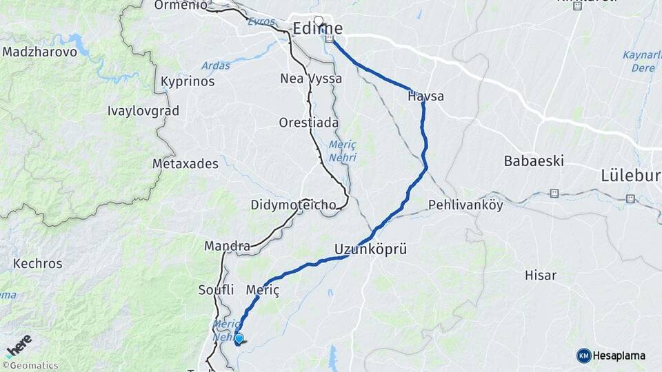 Edirne Meriç Adasarhanlı Arası Kaç Km - Yol Haritası