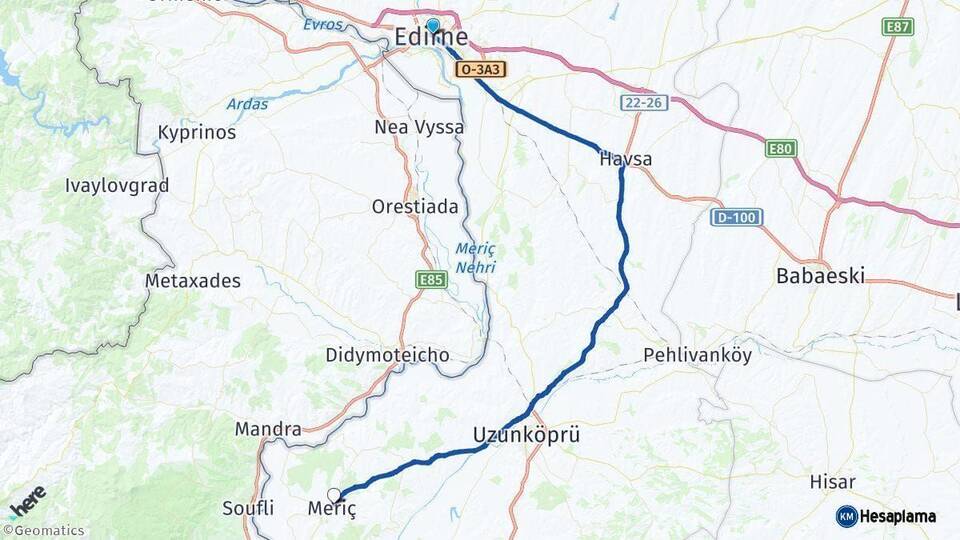 Edirne Meriç Arası Kaç Km - Yol Haritası