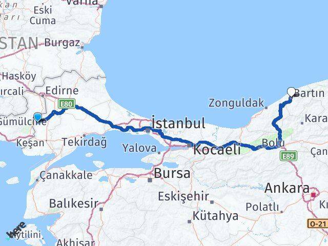 Edirne Meriç Bartın Arası Kaç Km - Yol Haritası