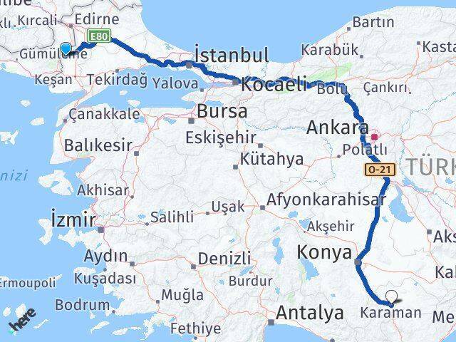 Meriç Karaman Arası Kaç Km - Yol Tarifi
