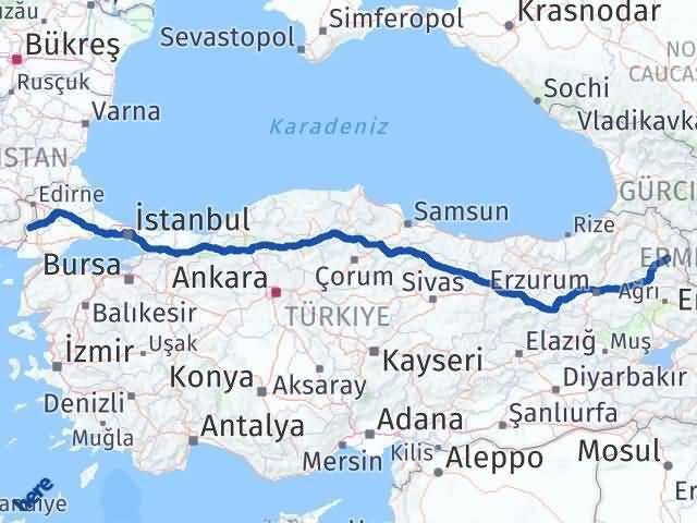 Edirne Meriç Kars Arası Kaç Km - Yol Haritası