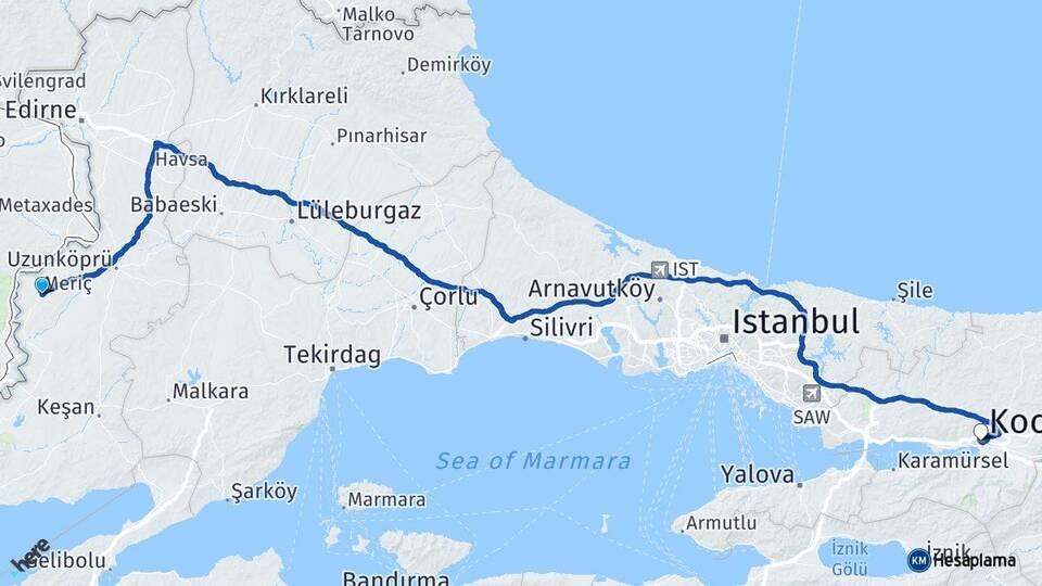 Meriç Kocaeli Arası Kaç Km - Yol Tarifi