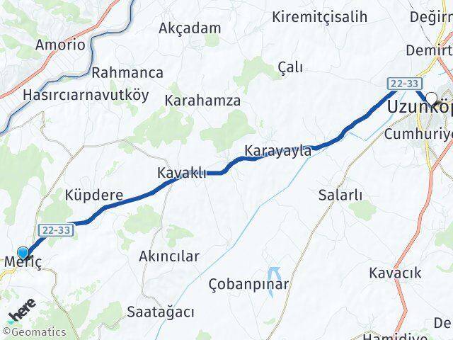 Edirne Meriç Uzunköprü Arası Kaç Km - Yol Haritası