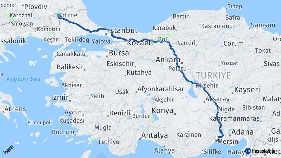 Edirne Mersin Arası Kaç Km - Yol Haritası