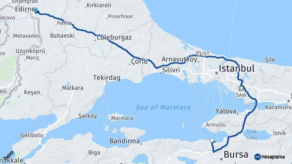 Edirne Mudanya Bursa Arası Kaç Km - Yol Haritası