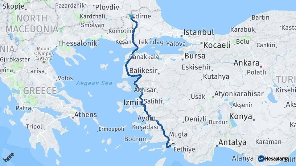 Edirne Muğla Arası Kaç Km - Yol Haritası
