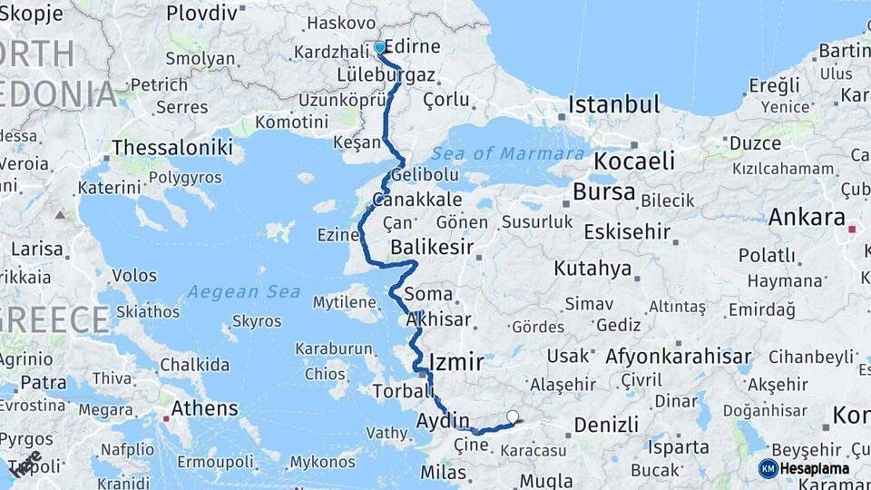 Edirne Nazilli Aydın Arası Kaç Km - Yol Haritası