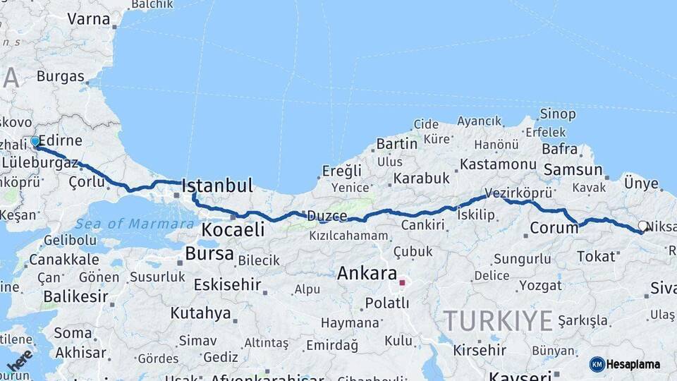 Edirne Niksar Tokat Arası Kaç Km - Yol Haritası