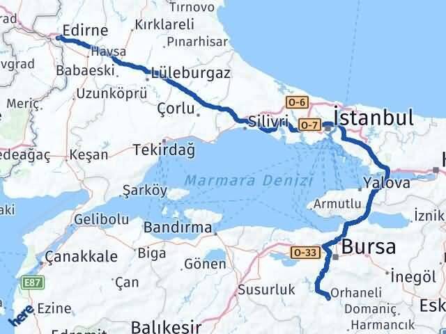 Edirne Orhaneli Bursa Arası Kaç Km - Yol Haritası