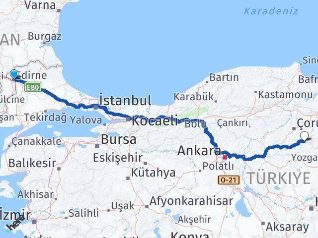 Edirne Ortaköy Çorum Arası Kaç Km - Yol Haritası