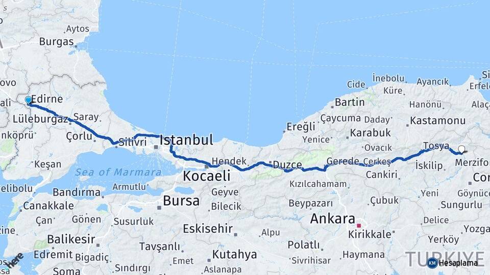 Edirne Osmancık Çorum Arası Kaç Km - Yol Haritası