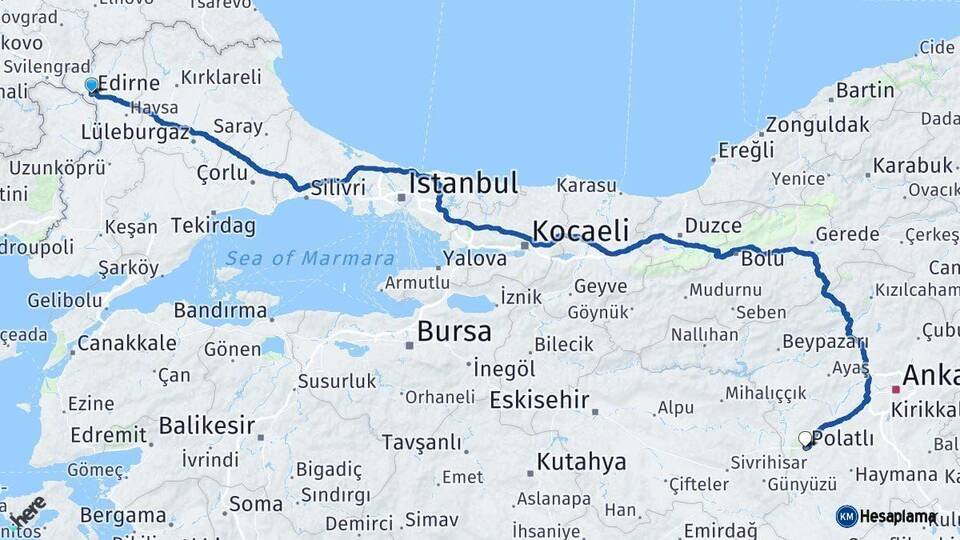 Edirne Polatlı Ankara Arası Kaç Km - Yol Haritası