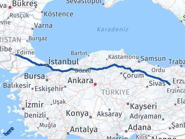 Edirne Refahiye Erzincan Arası Kaç Km - Yol Haritası