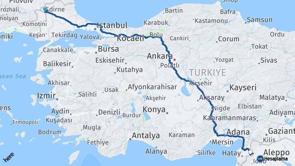 Edirne Reyhanlı Hatay Arası Kaç Km - Yol Haritası