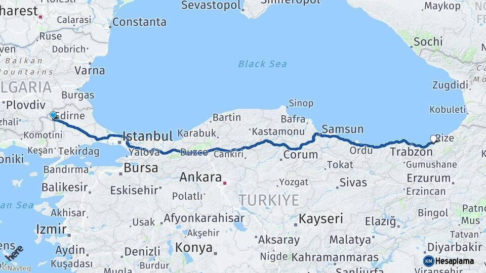 Edirne Rize Arası Kaç Km - Yol Haritası
