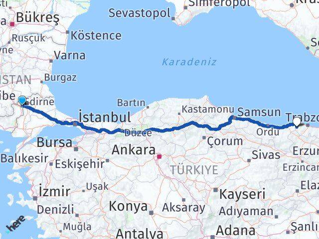 Edirne Şalpazarı Trabzon Arası Kaç Km - Yol Haritası
