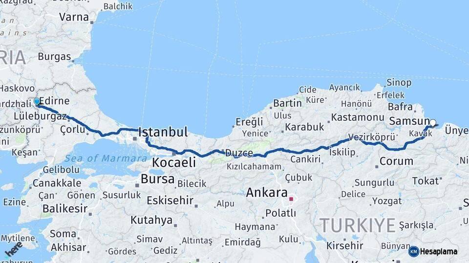 Edirne Samsun Arası Kaç Km - Yol Haritası