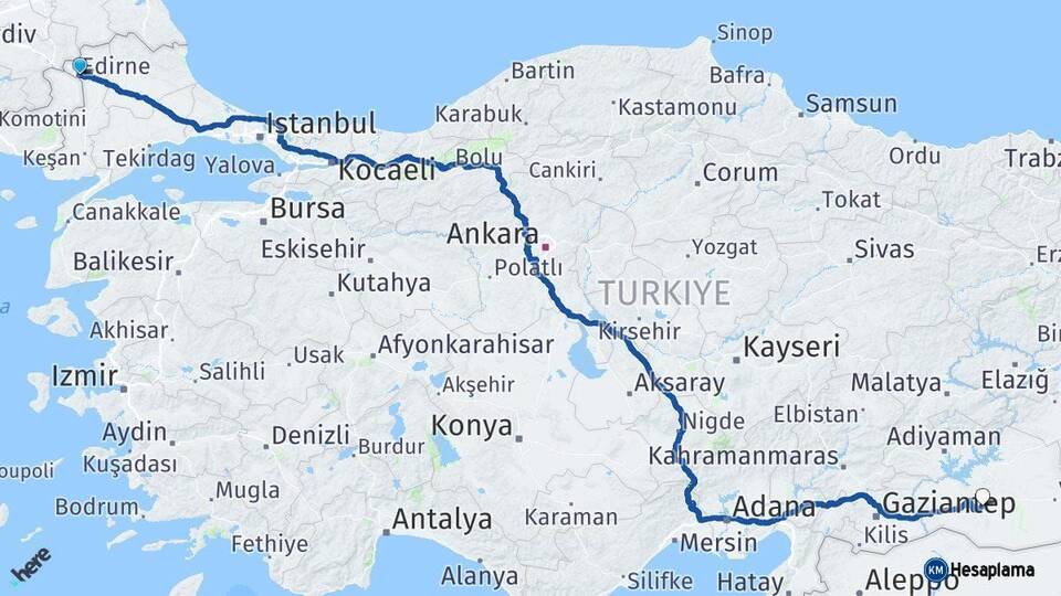 Edirne Şanlıurfa Arası Kaç Km - Yol Haritası