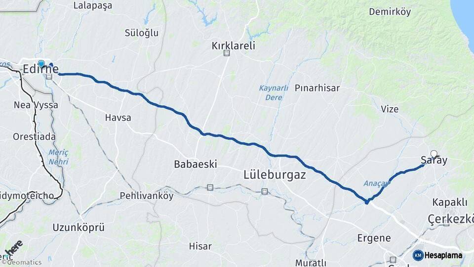 Edirne Saray Tekirdağ Arası Kaç Km - Yol Haritası
