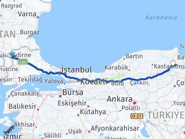Edirne Saraydüzü Sinop Arası Kaç Km - Yol Haritası