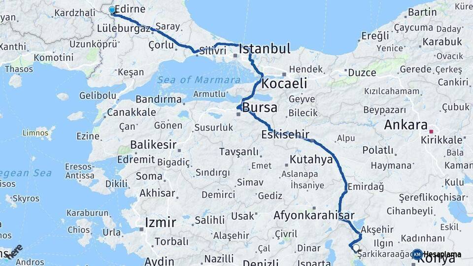 Edirne Şarkikaraağaç Isparta Arası Kaç Km - Yol Haritası