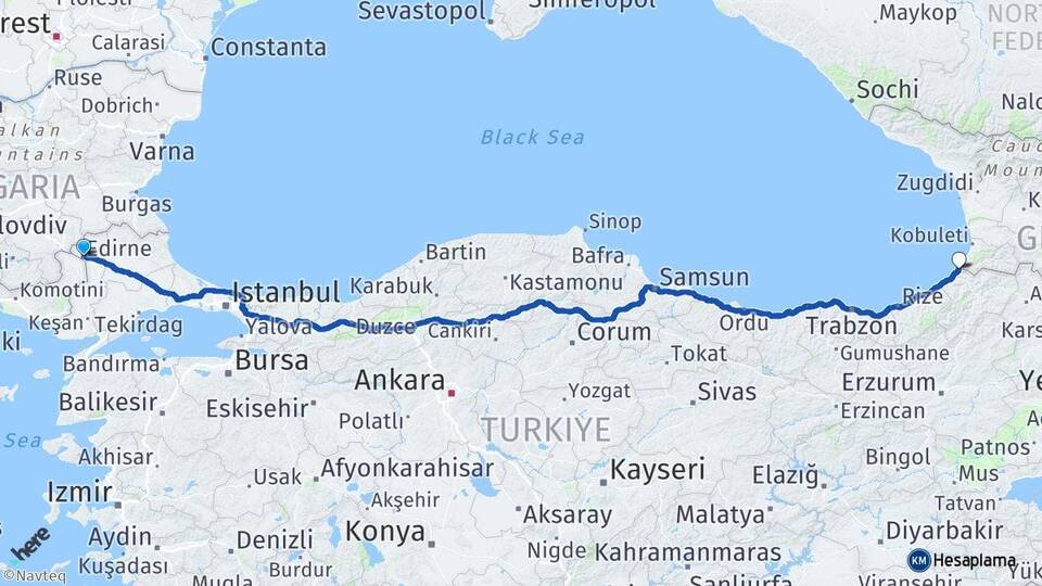 Edirne Sarp Kemalpaşa Artvin Arası Kaç Km - Yol Haritası