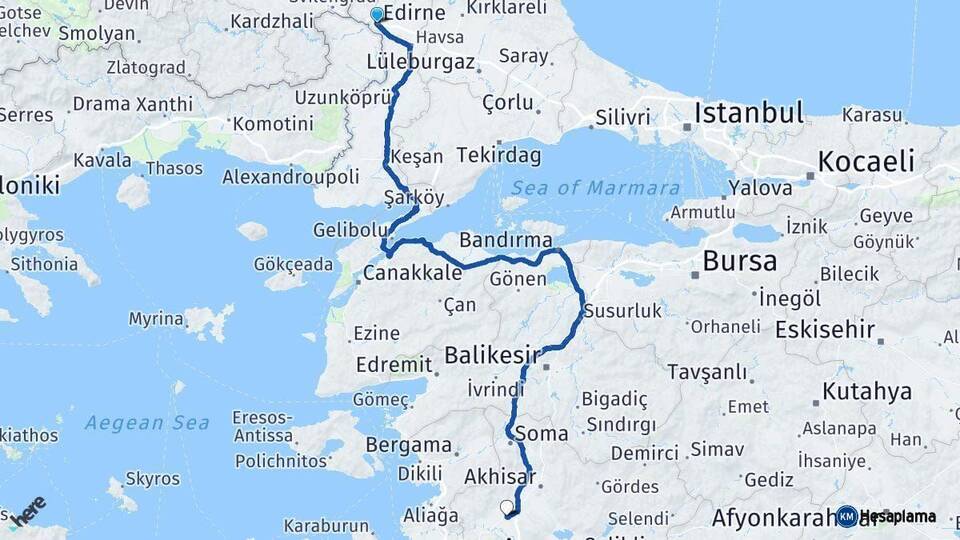 Edirne Saruhanlı Manisa Arası Kaç Km - Yol Haritası