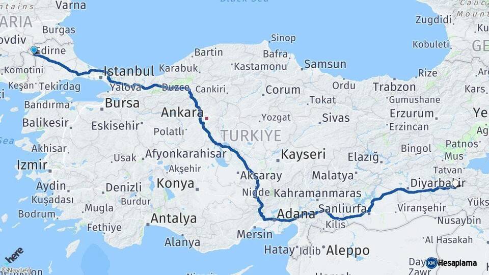 Edirne Siirt Arası Kaç Km - Yol Haritası