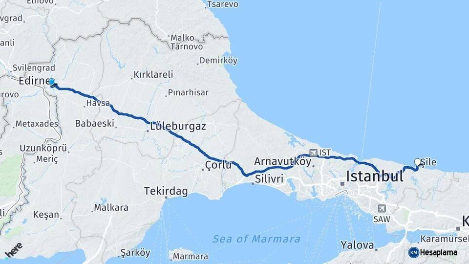 Edirne Şile İstanbul Arası Kaç Km - Yol Haritası