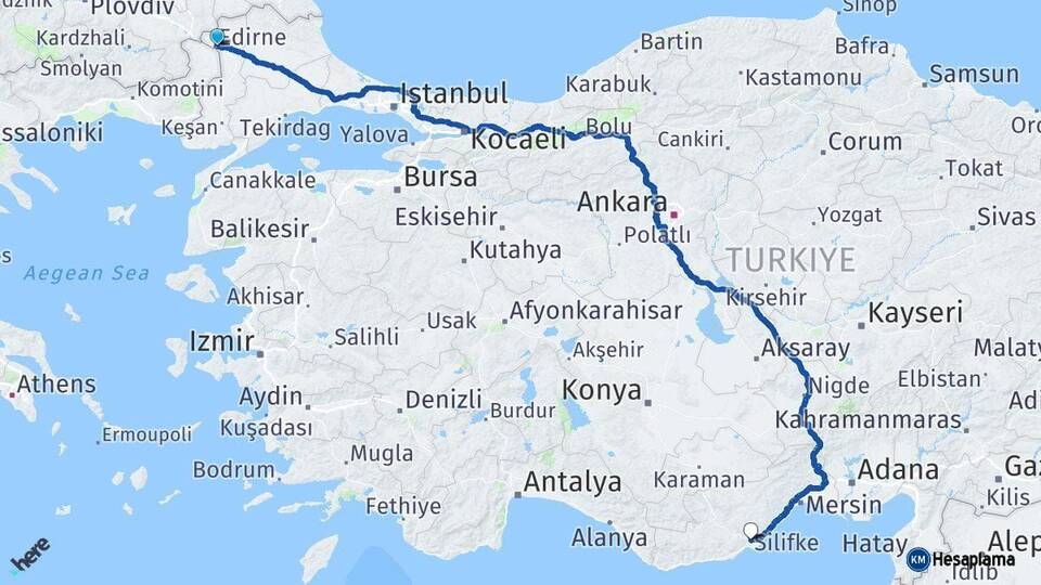 Edirne Silifke Mersin Arası Kaç Km - Yol Haritası
