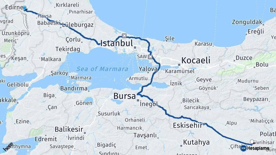 Edirne Sivrihisar Eskişehir Arası Kaç Km - Yol Haritası