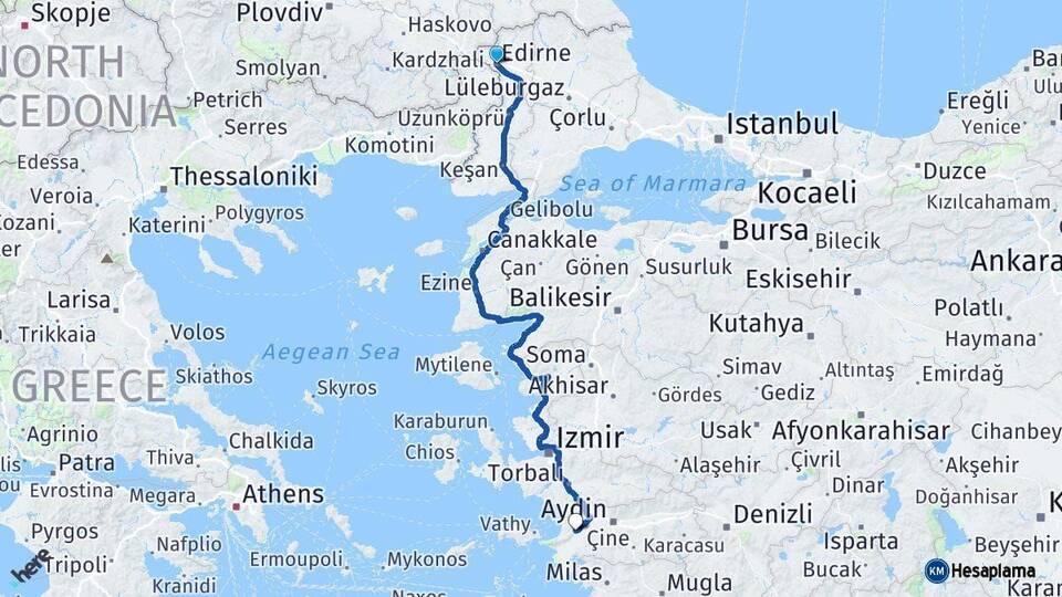 Edirne Söke Aydın Arası Kaç Km - Yol Haritası