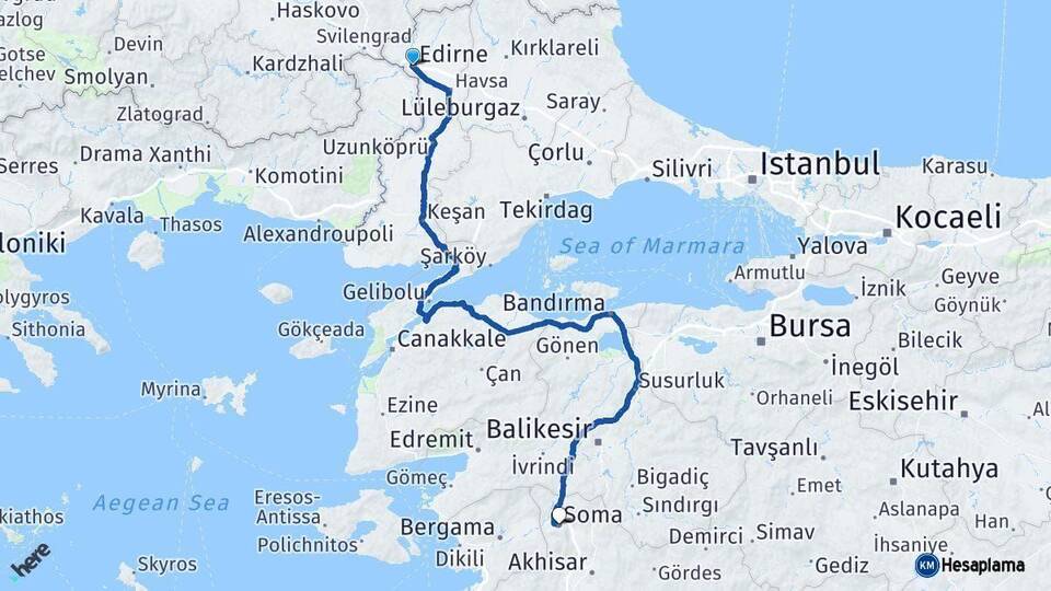 Edirne Soma Manisa Arası Kaç Km - Yol Haritası
