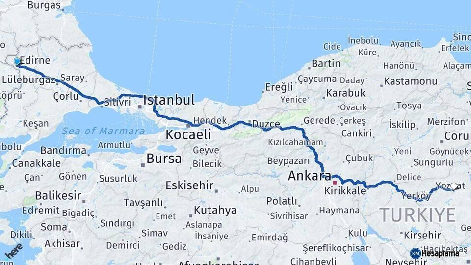 Edirne Sorgun Yozgat Arası Kaç Km - Yol Haritası