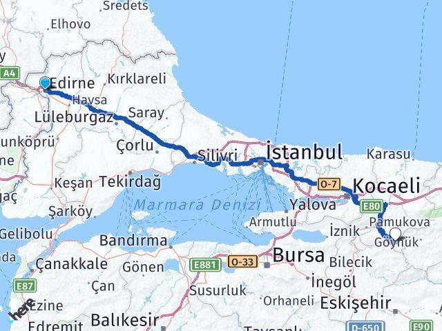 Edirne Taraklı Sakarya Arası Kaç Km - Yol Haritası