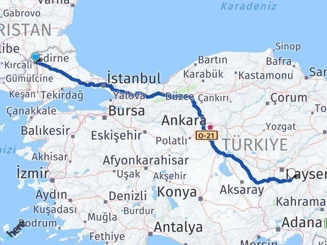 Edirne Tomarza Kayseri Arası Kaç Km - Yol Haritası