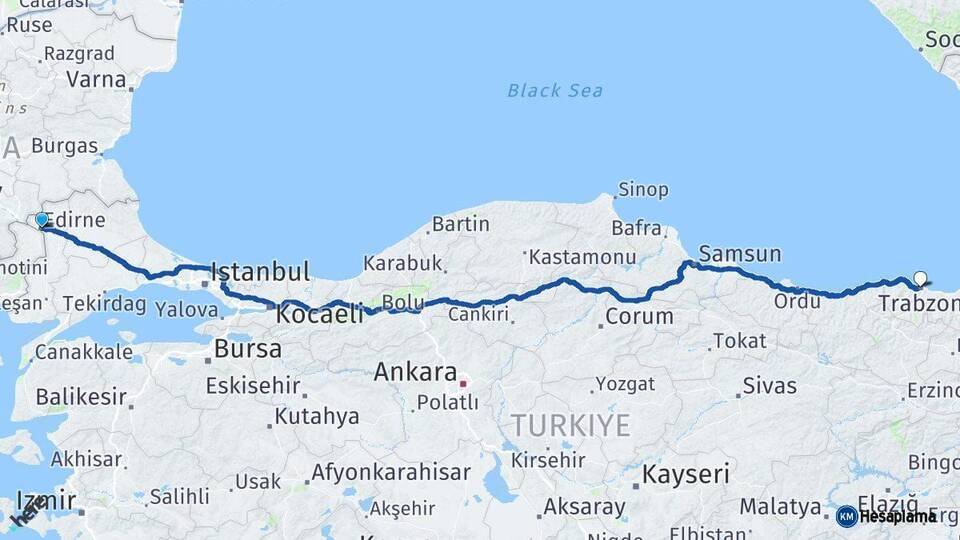 Edirne Trabzon Arası Kaç Km - Yol Haritası
