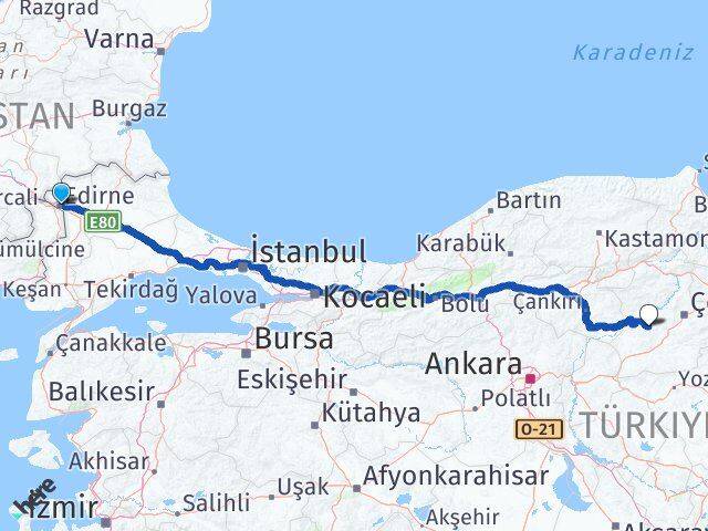Edirne Uğurludağ Çorum Arası Kaç Km - Yol Haritası