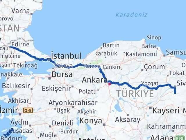 Edirne Ulaş Sivas Arası Kaç Km - Yol Haritası
