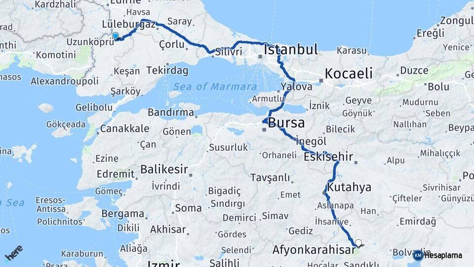 Edirne Uzunköprü Afyonkarahisar Arası Kaç Km - Yol Haritası