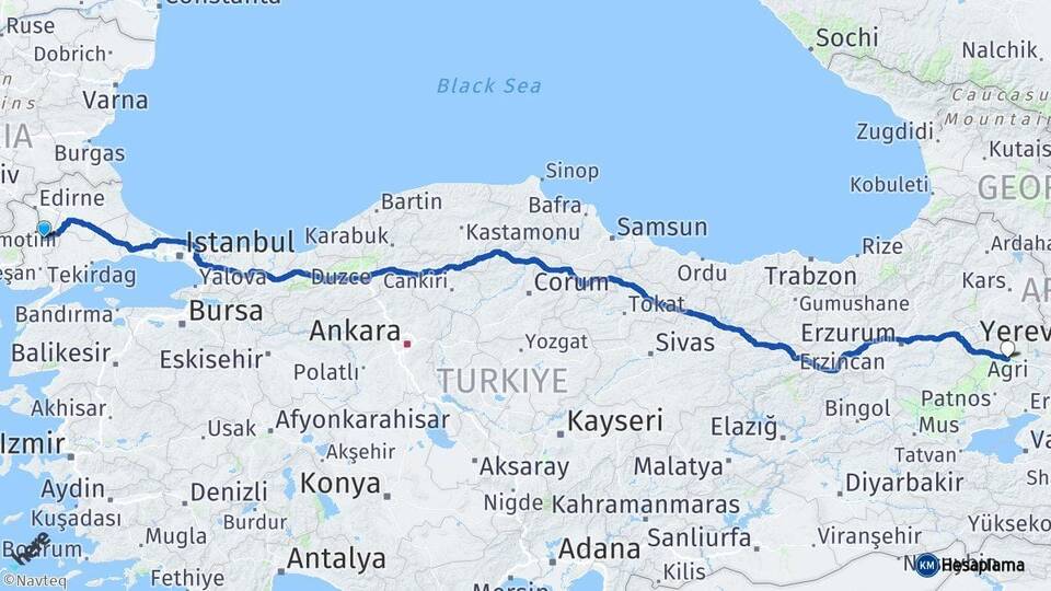 Edirne Uzunköprü Ağrı Arası Kaç Km - Yol Haritası