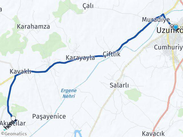 Edirne Uzunköprü Akıncılar Meriç Arası Kaç Km - Yol Haritası