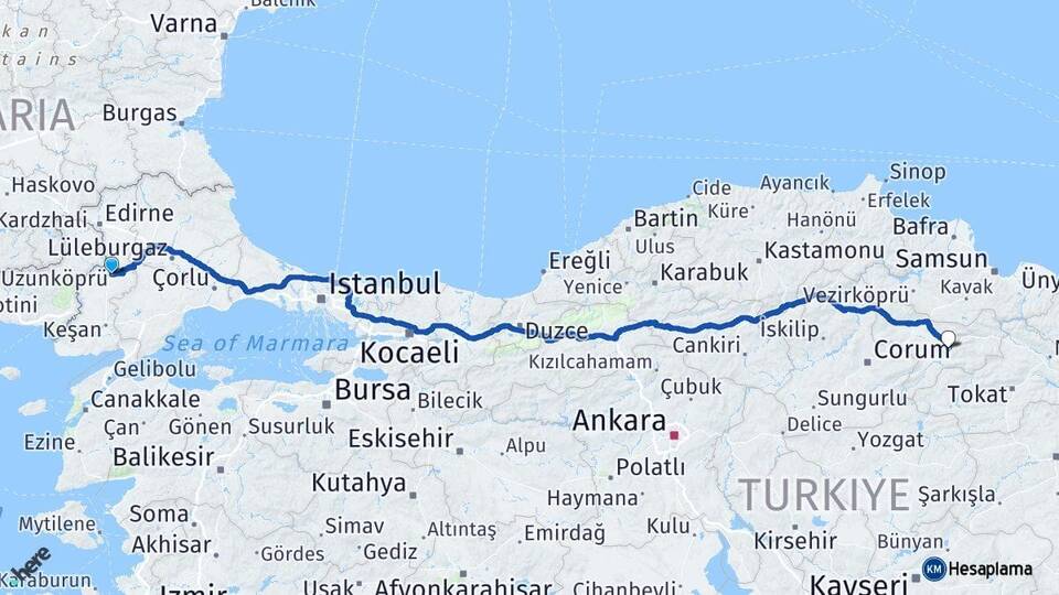 Edirne Uzunköprü Amasya Arası Kaç Km - Yol Haritası