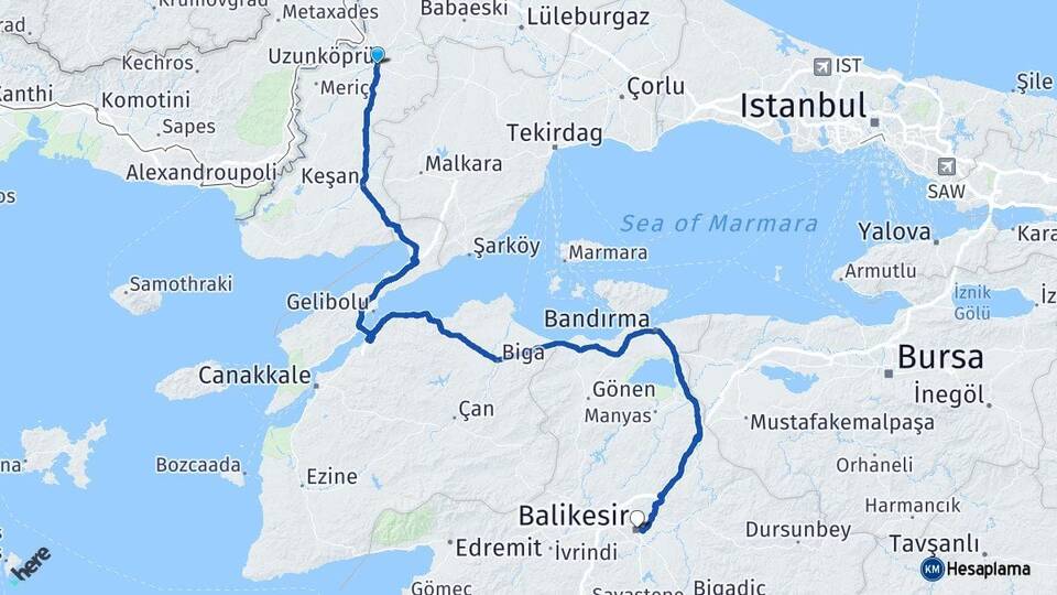 Edirne Uzunköprü Balıkesir Arası Kaç Km - Yol Haritası