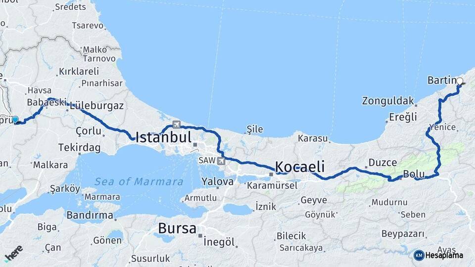 Edirne Uzunköprü Bartın Arası Kaç Km - Yol Haritası