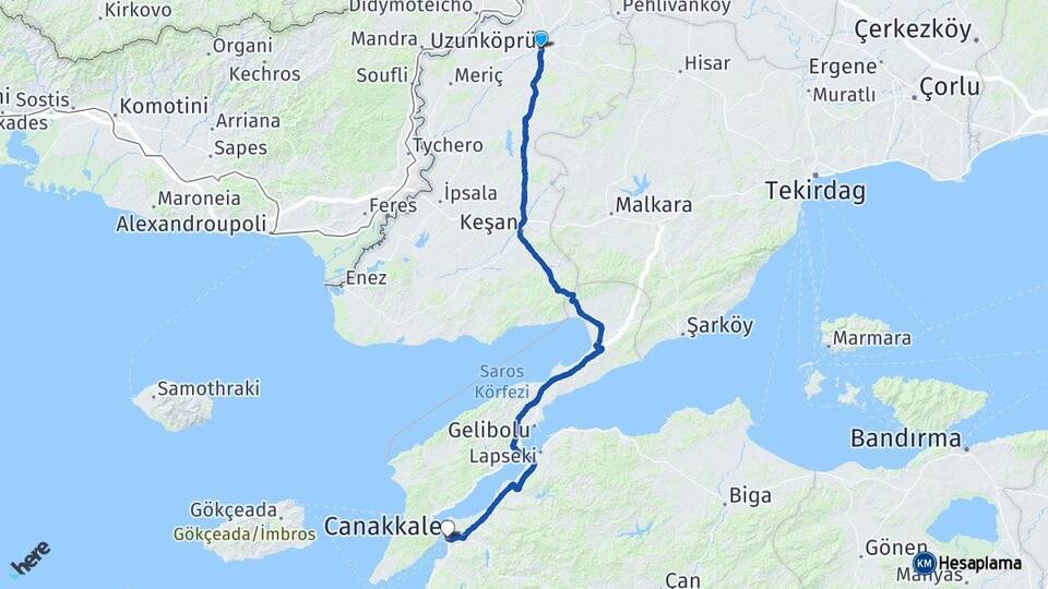 Edirne Uzunköprü Çanakkale Arası Kaç Km - Yol Haritası