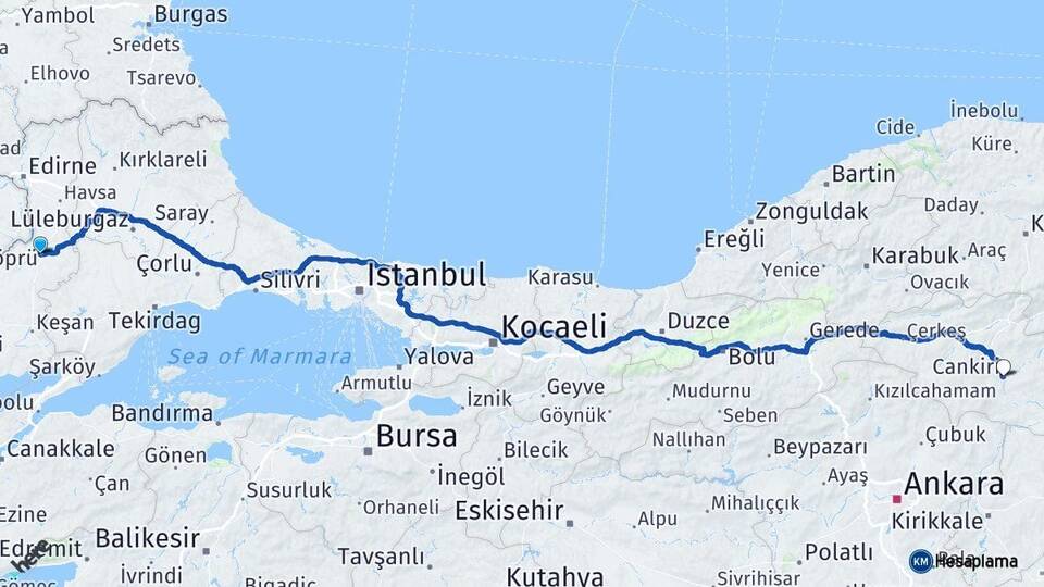 Edirne Uzunköprü Çankırı Arası Kaç Km - Yol Haritası