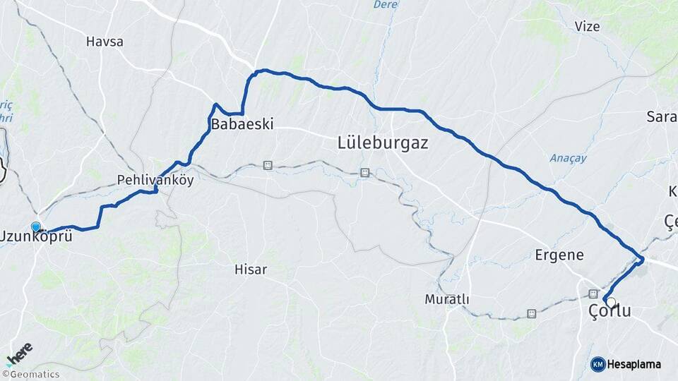 Edirne Uzunköprü Çorlu Tekirdağ Arası Kaç Km - Yol Haritası