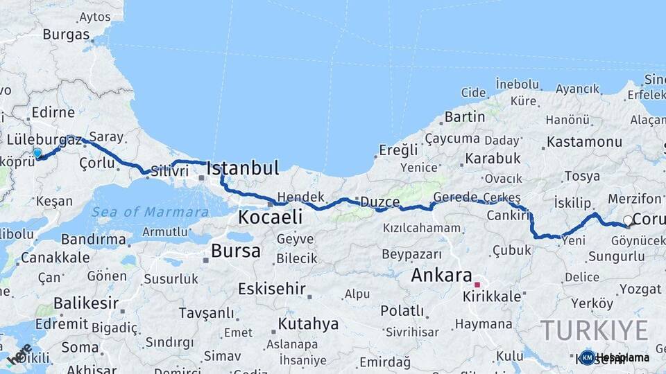 Edirne Uzunköprü Çorum Arası Kaç Km - Yol Haritası