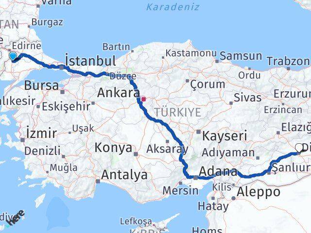 Edirne Uzunköprü Diyarbakır Arası Kaç Km - Yol Haritası